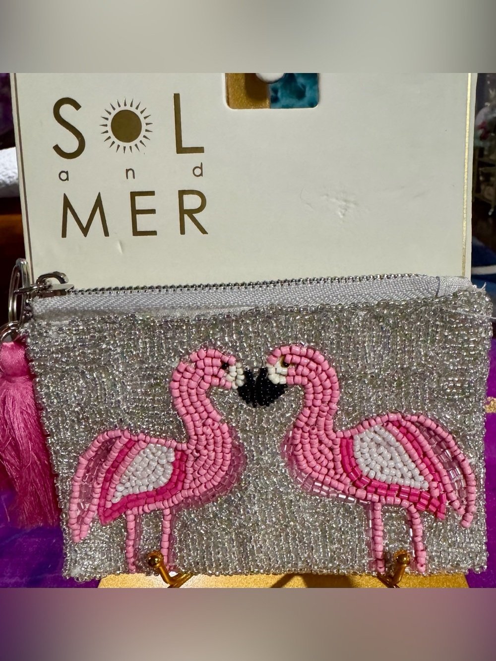 NWT Sol and Mer Beaded Flamingo Key and Card Holder Keychain